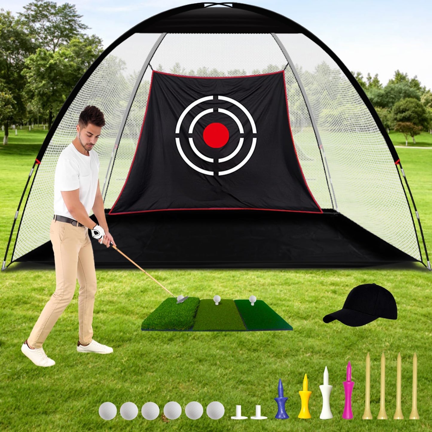 Golf Practice Nets with Real Balls/Turf Mat/Tees/Hat/Target/Bag: 10X7Ft 12X7Ft Gift for Mens Golf Lovers Hitting Driving Chipping Net - Indoor Outdoor Garage Using