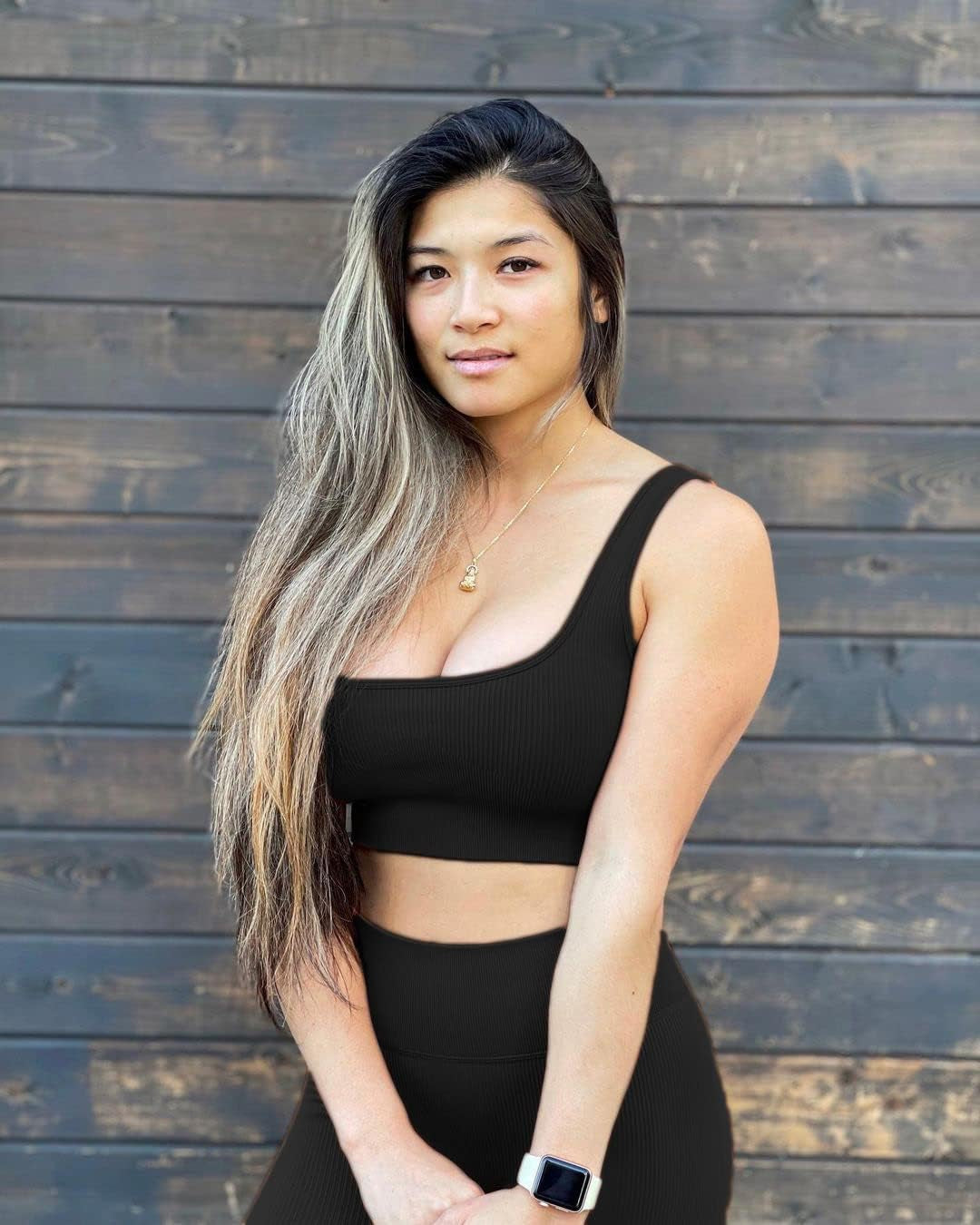 Women Padded Sports Bra Fitness Ribbed Workout Sexy Running Shirts Yoga 2 Piece Outfits Black L